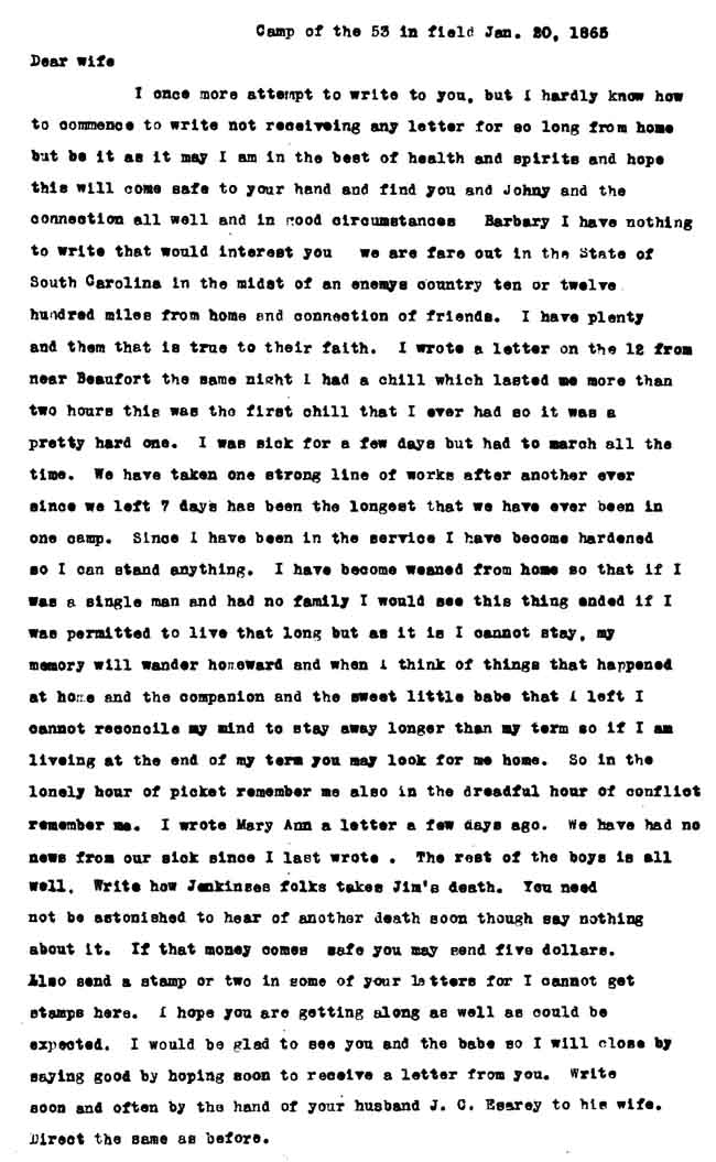 January 20, 1865 letter