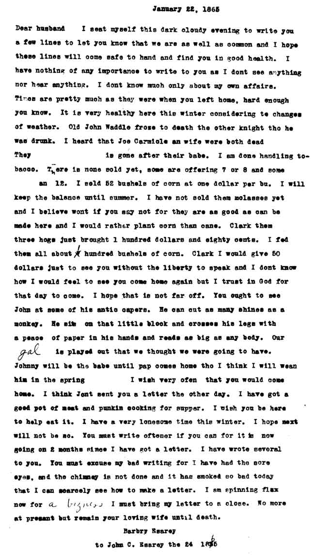 January 22, 1865 letter