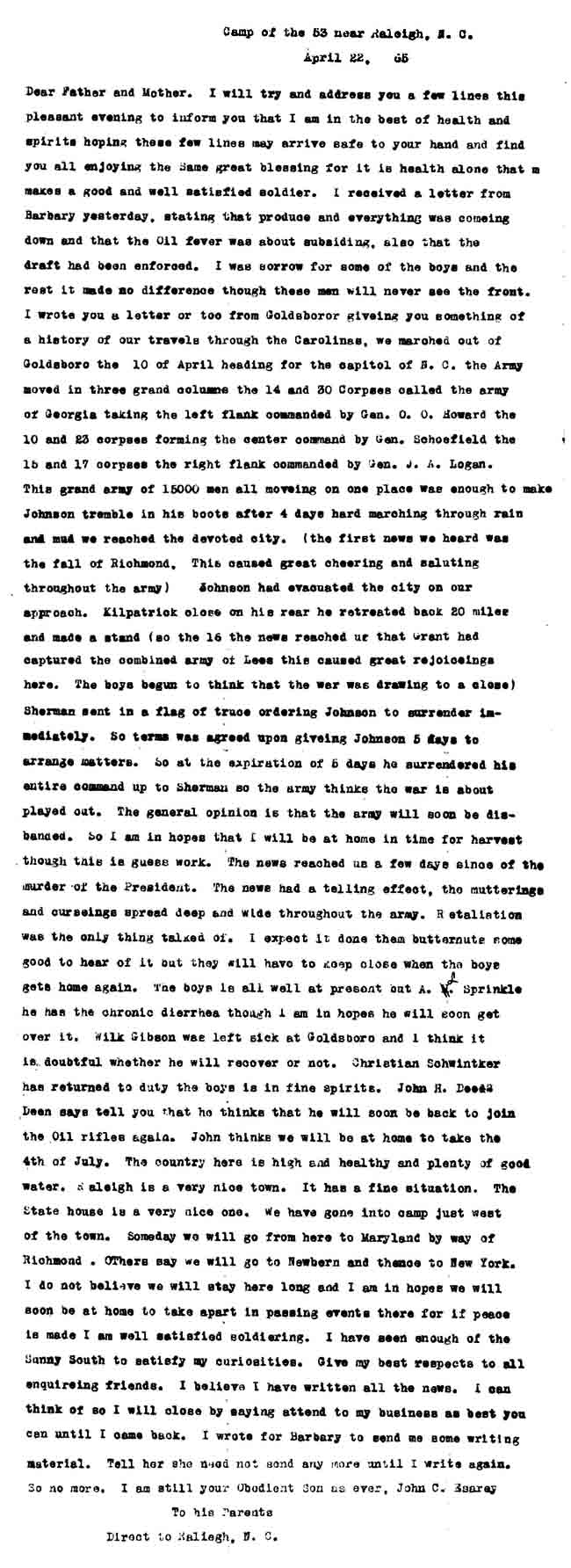 April 22, 1865 letter