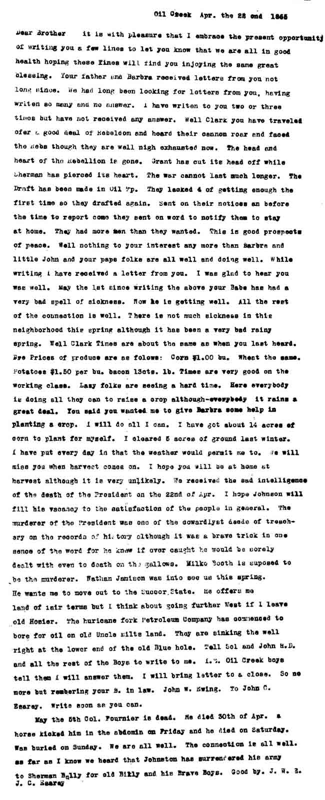 April 22, 1865 letter from John Ewing