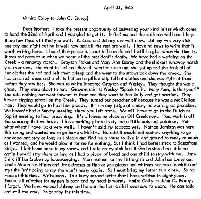 April 30, 1865 letter from Amira Ewing Colby