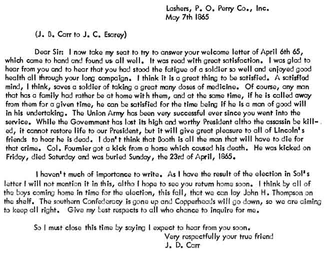May 7, 1865 letter from John D. Carr