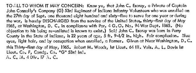 John Clark Esarey discharge papers, May 31, 1865